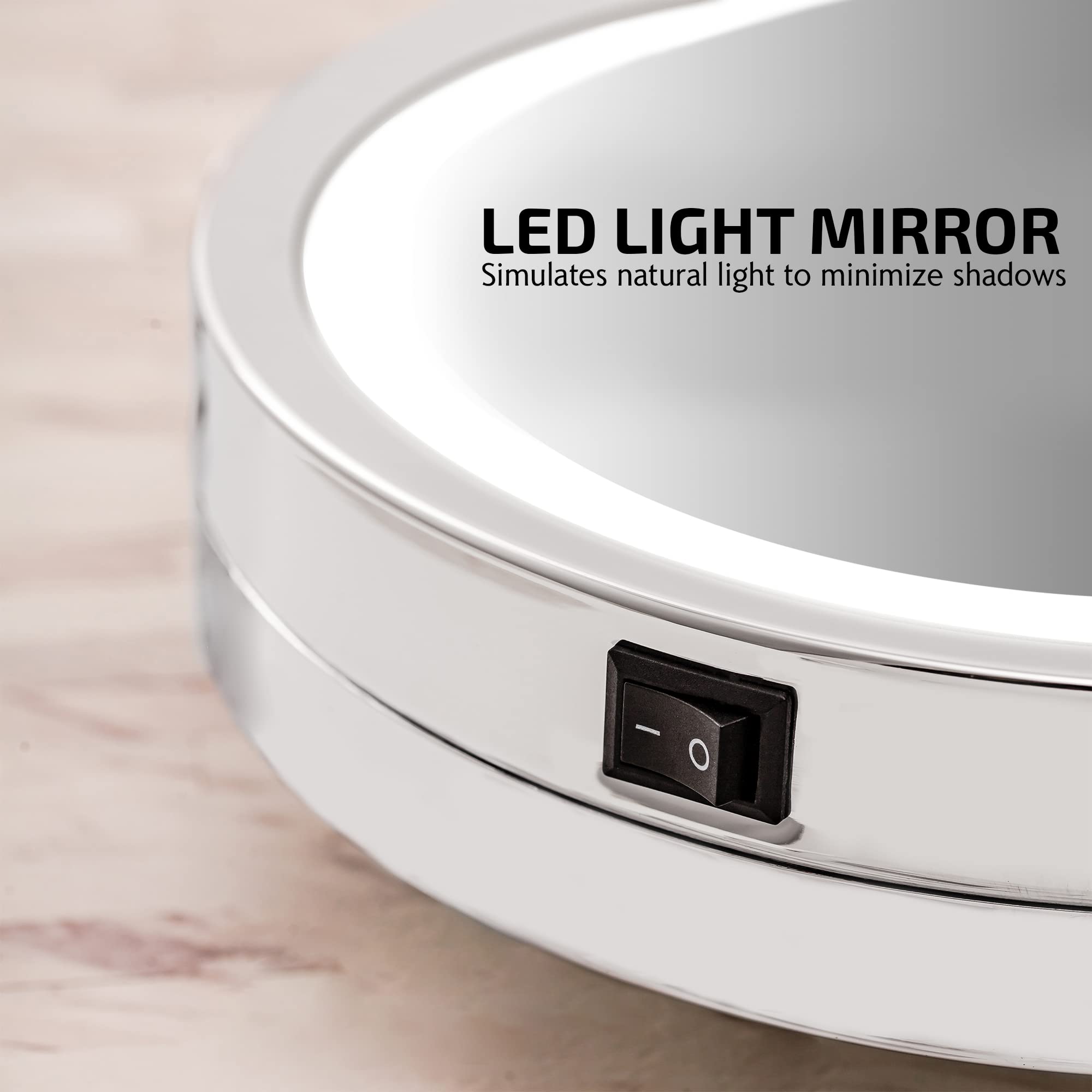 OVENTE 9'' Lighted Wall Mount Makeup Mirror - 1X/ 7X Magnification, Battery Powered Glow Cosmetic Light up, Spinning 360-Degree,