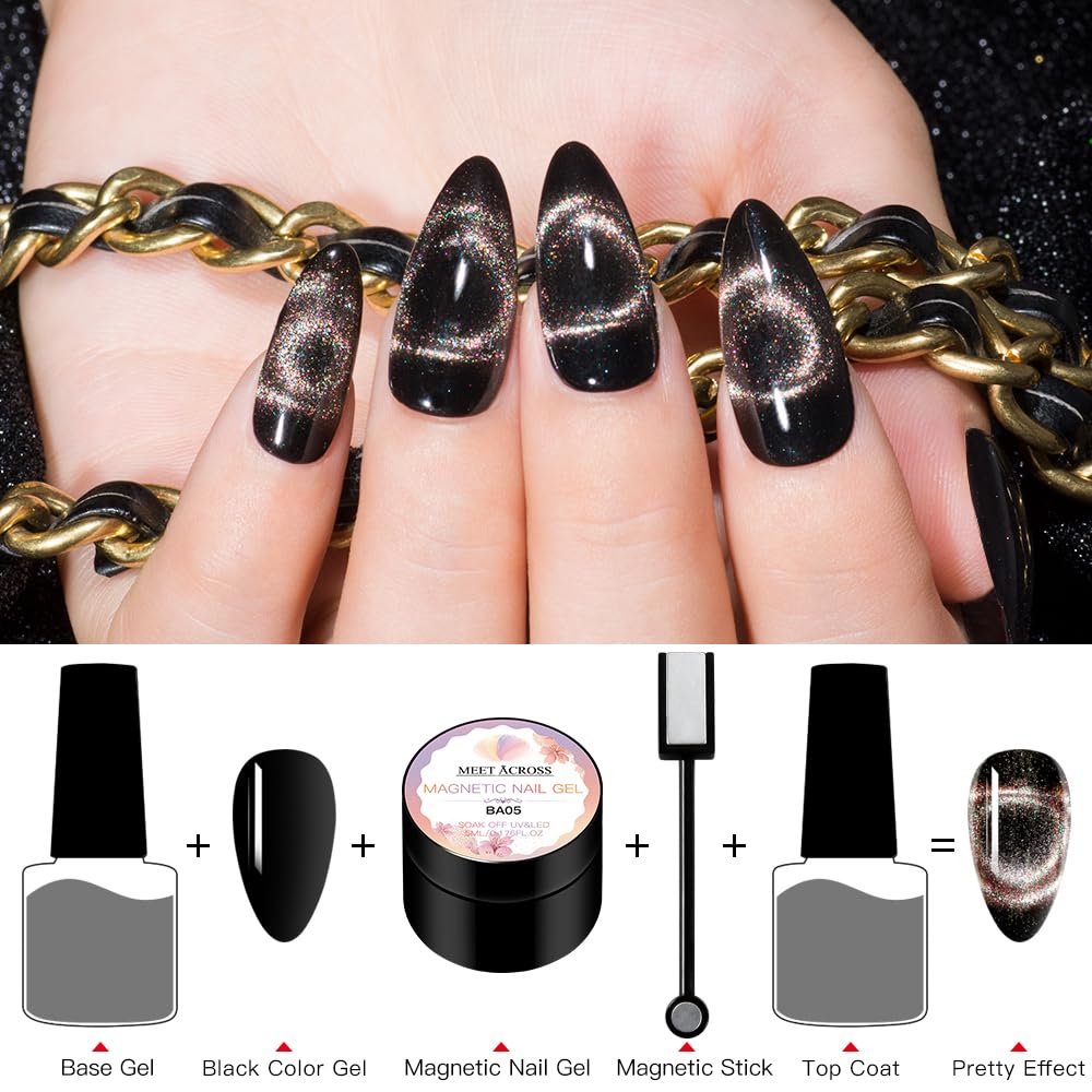 MEET ACROSS 9D Cat Eye Gel Nail Polish Set Chameleon Magnetic Gel Soak Off UV LED 7 Color Gel with Magnet Stick and Brush