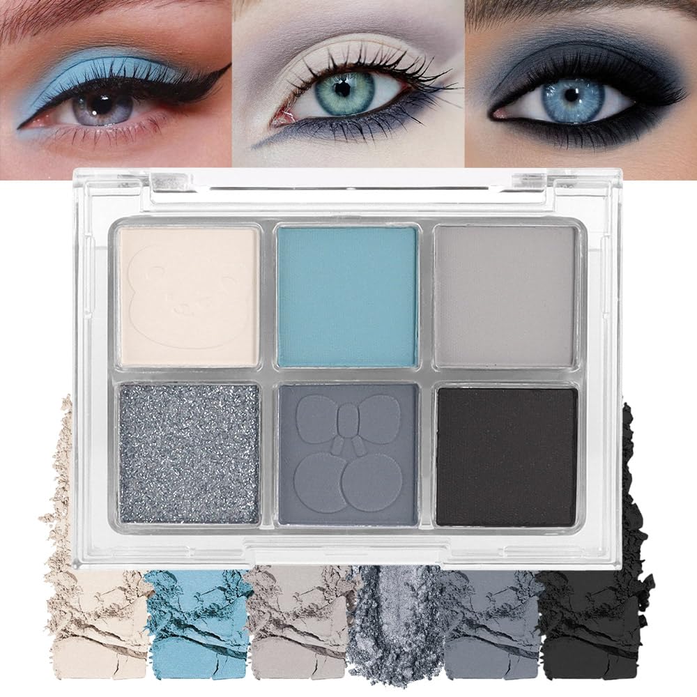 6 Colors Glitter Matte Eyeshadow Palette, Light White Sky Blue Gray Silver Black Sparkly Eyeshadow Palette Makeup, Warm Eye Shad