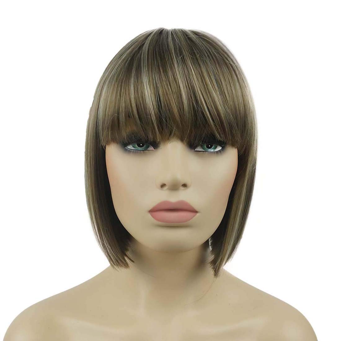 Lydell 8'' Straight Short Bob Hair Flat Bangs Cute Central Dot Skin Top Heat Resistant Synthetic Wigs (18-22 Light Ash Brown)