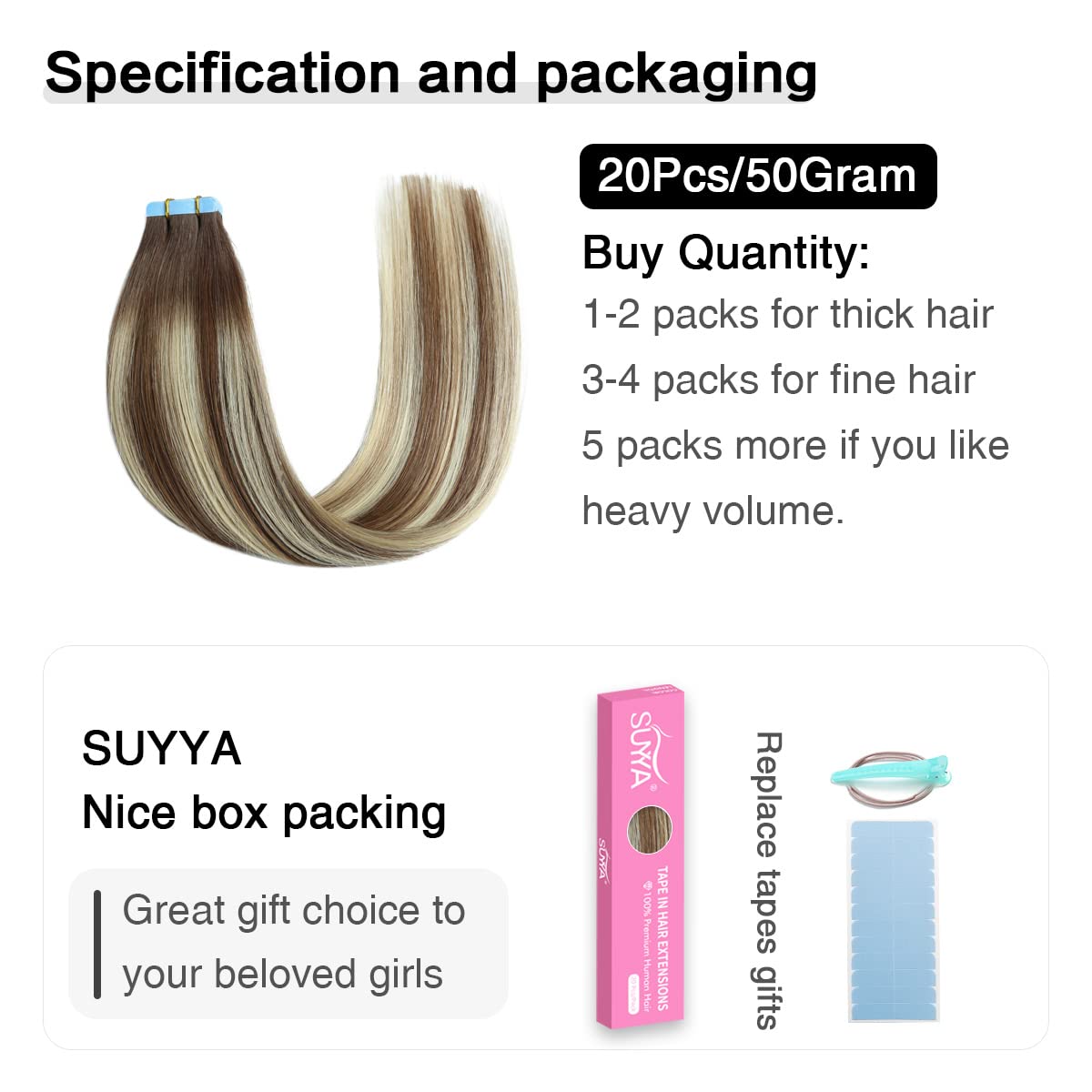 Suyya Tape In Hair Extensions Human Hair Balayage Chocolate Brown To Bleach Blonde And Chestnut Brown 50G/Pack 20Pcs Straight Se