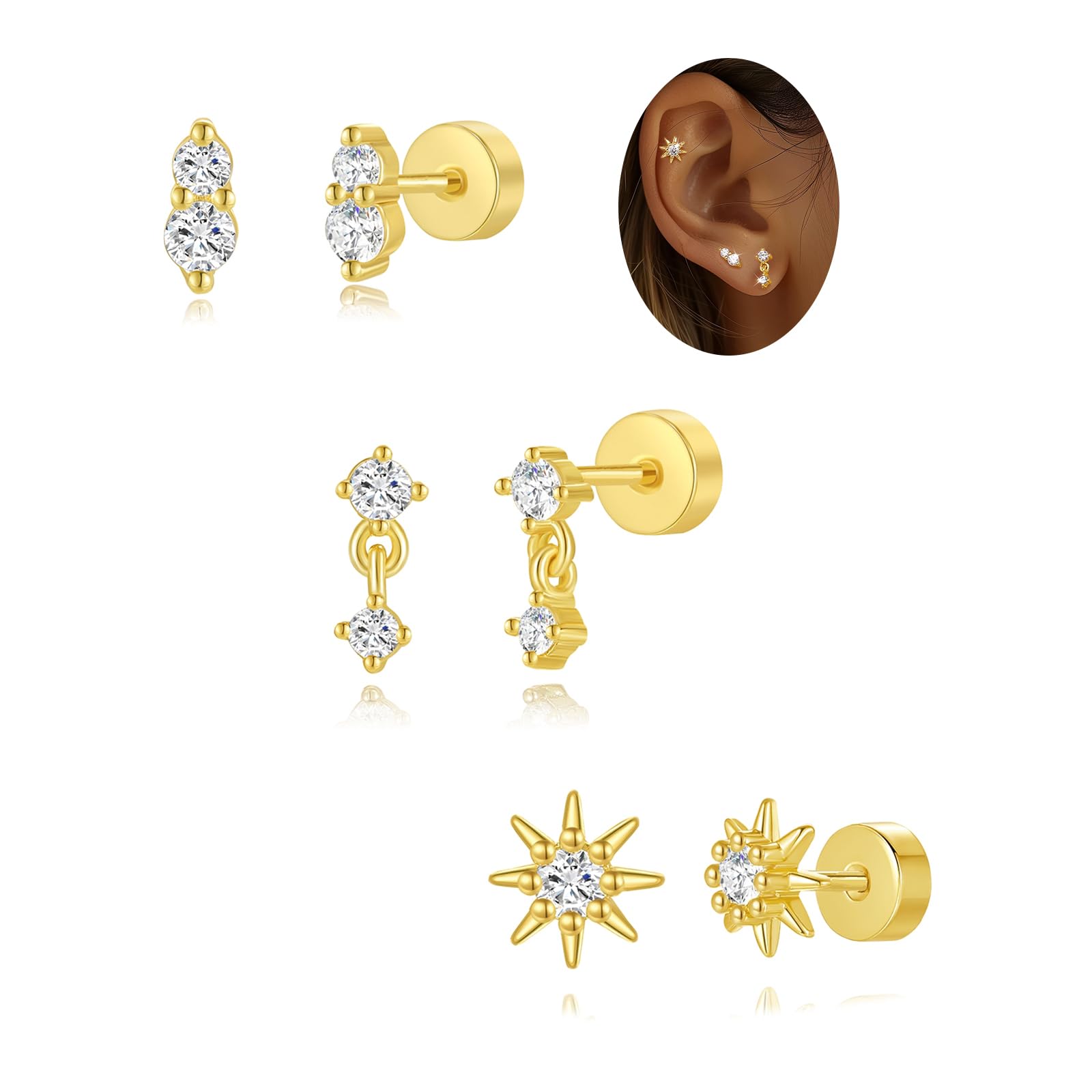 Angelady Flat Back Earrings for Women, 14K Gold Plated Flat Back Stud Earrings, Helix Cartilage Earrings Jewelry, 18G|20G Flatba