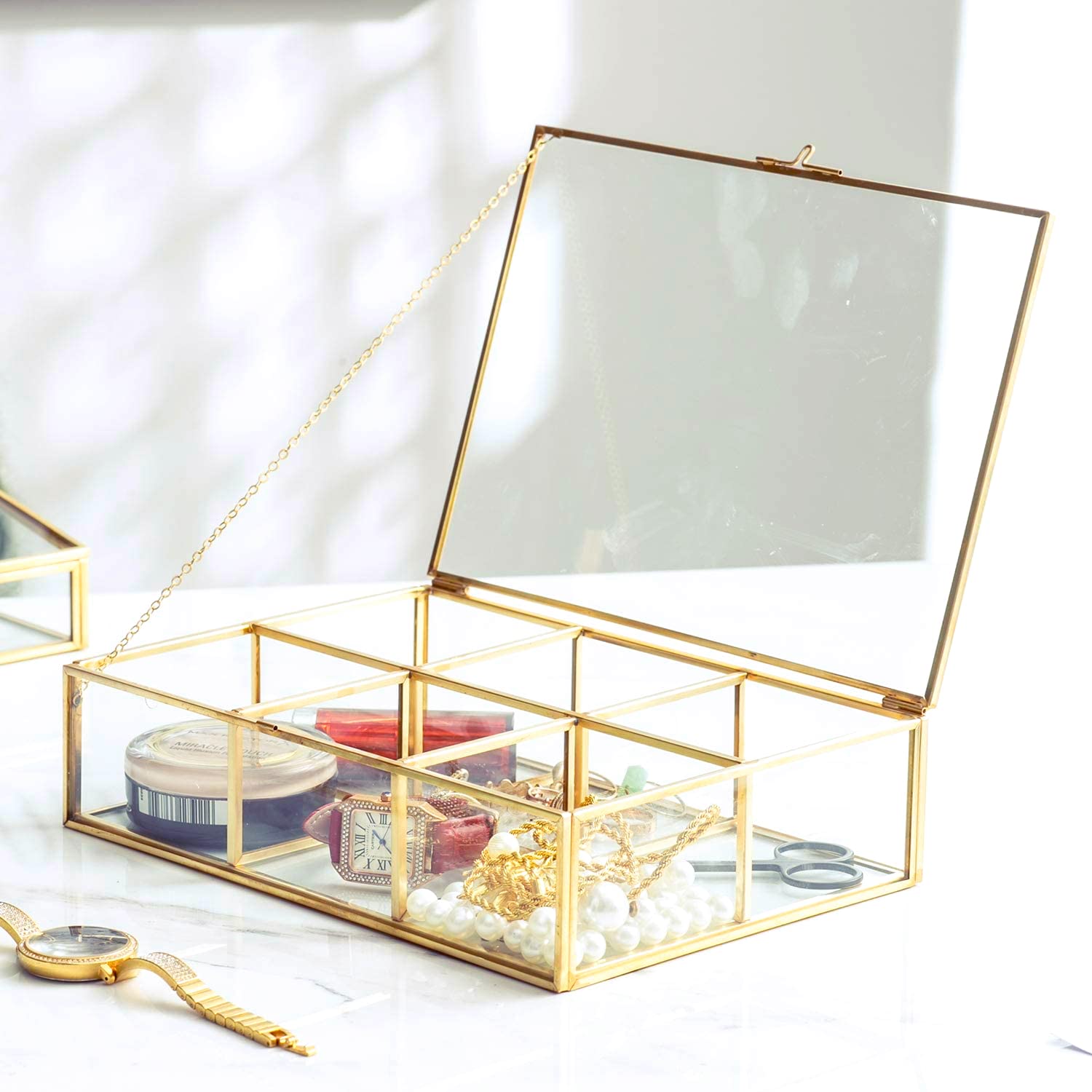 Golden Vintage Glass Box Clear Glass & Brass Metal Storage Jewelry and Cosmetic Makeup Lipstick Holder Organizer Beauty Display,