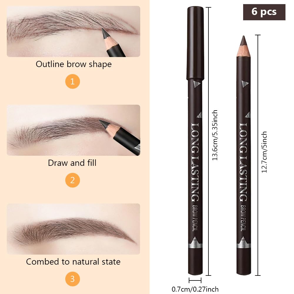 6Pcs Brow Pencil, Wooden Hard-Core Eyebrow Pencils, Eyebrow Pencil Dark Brown, Eyebrow And Eyeliner Pencils, Waterproof And Swea