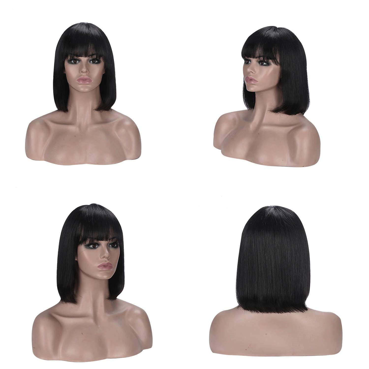 Rebasar 8 Inch Short Bob Wig with Bangs - Human Hair, Glueless, Black for Women