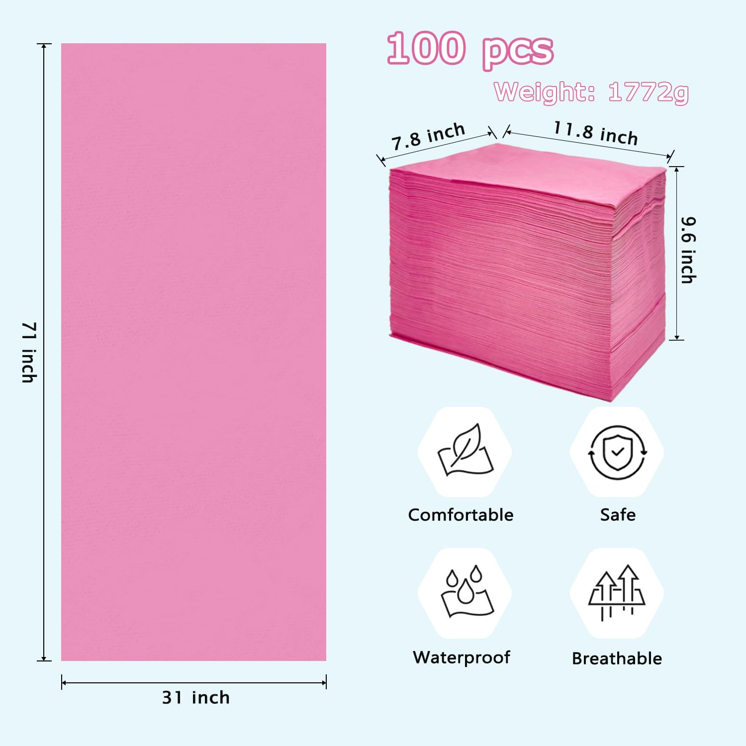 Flying Beauty 100Pcs Pink Disposable Massage Table Sheets 31x71 Non-Woven Fabric Oil-Waterproof Bed Covers for Spa, Tattoo, Salon