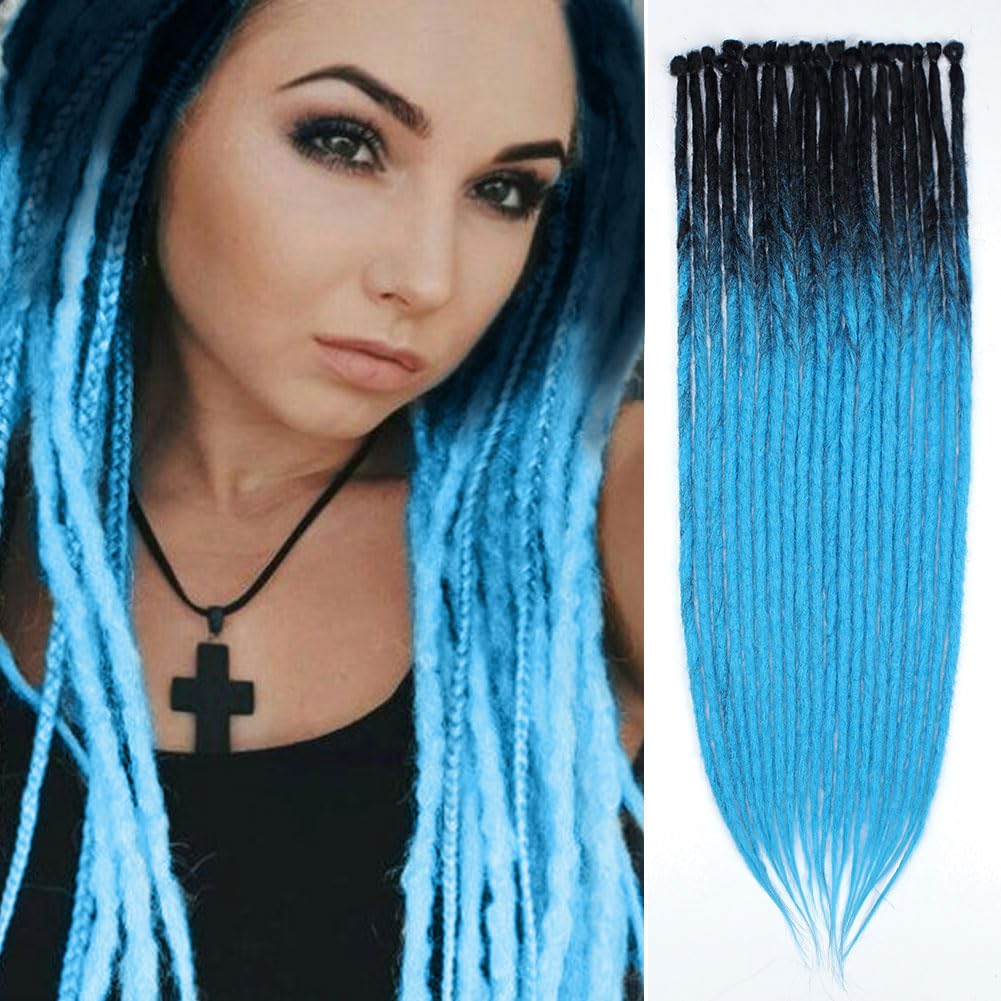 Kraler 24'' Thick Dreadlock Extensions, 20 Strands 1cm Width SE Ombre Blue Crochet Dreadls Extensions of Synthetic Hair Hip Hop 