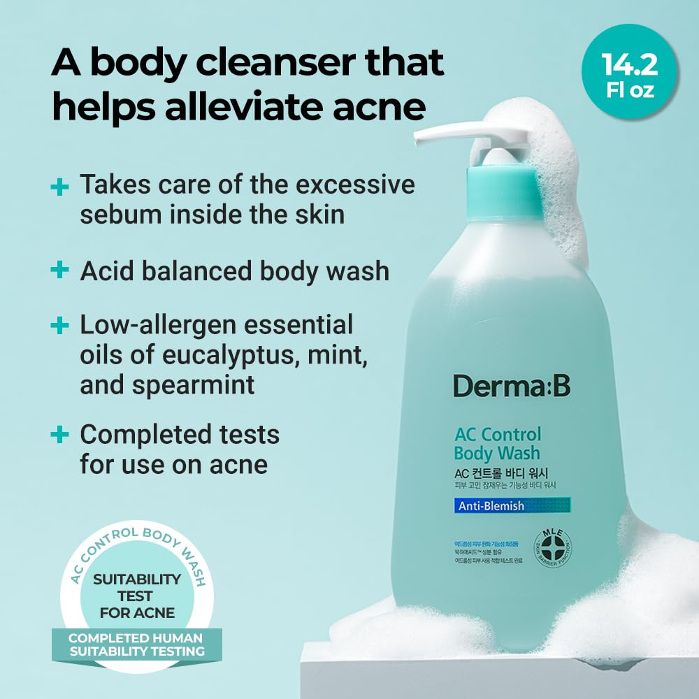 Derma B Ac Control Body Wash 420Ml,14.2 Fl.Oz, Anti-Blemish & Pimples Care, Hypoallergenic Body Cleanser, Trouble Solution For A