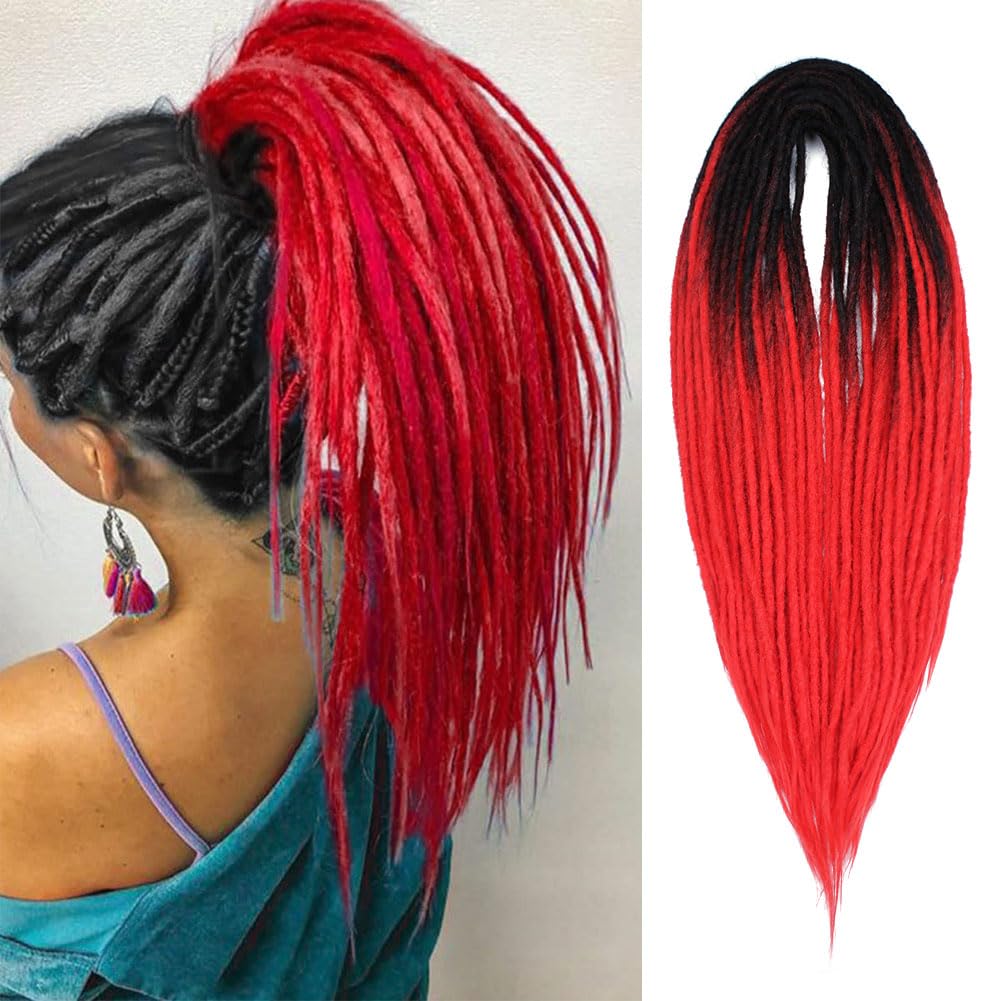 24 Inch Black to Red Double Ended Dreadlock Extensions, 20 Strands Gray to Blonde Synthetic DE Dreads Extensions, Thin 0.6cm Wid