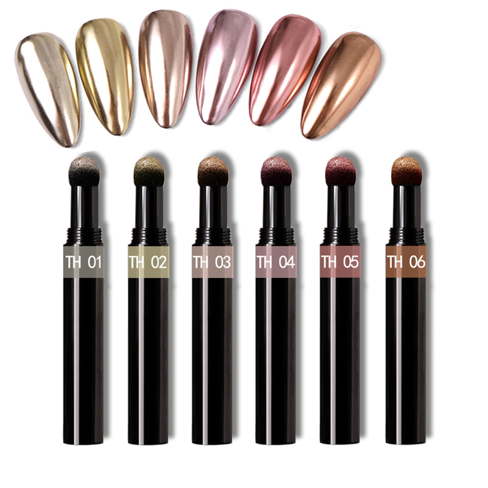 Rose Gold Chrome Nail Powder Pen,RoseFlower 6 pcs Metallic Nail Art Pigment Powder Pen Set, Shiny Nail Glitter Powder Air Cushio
