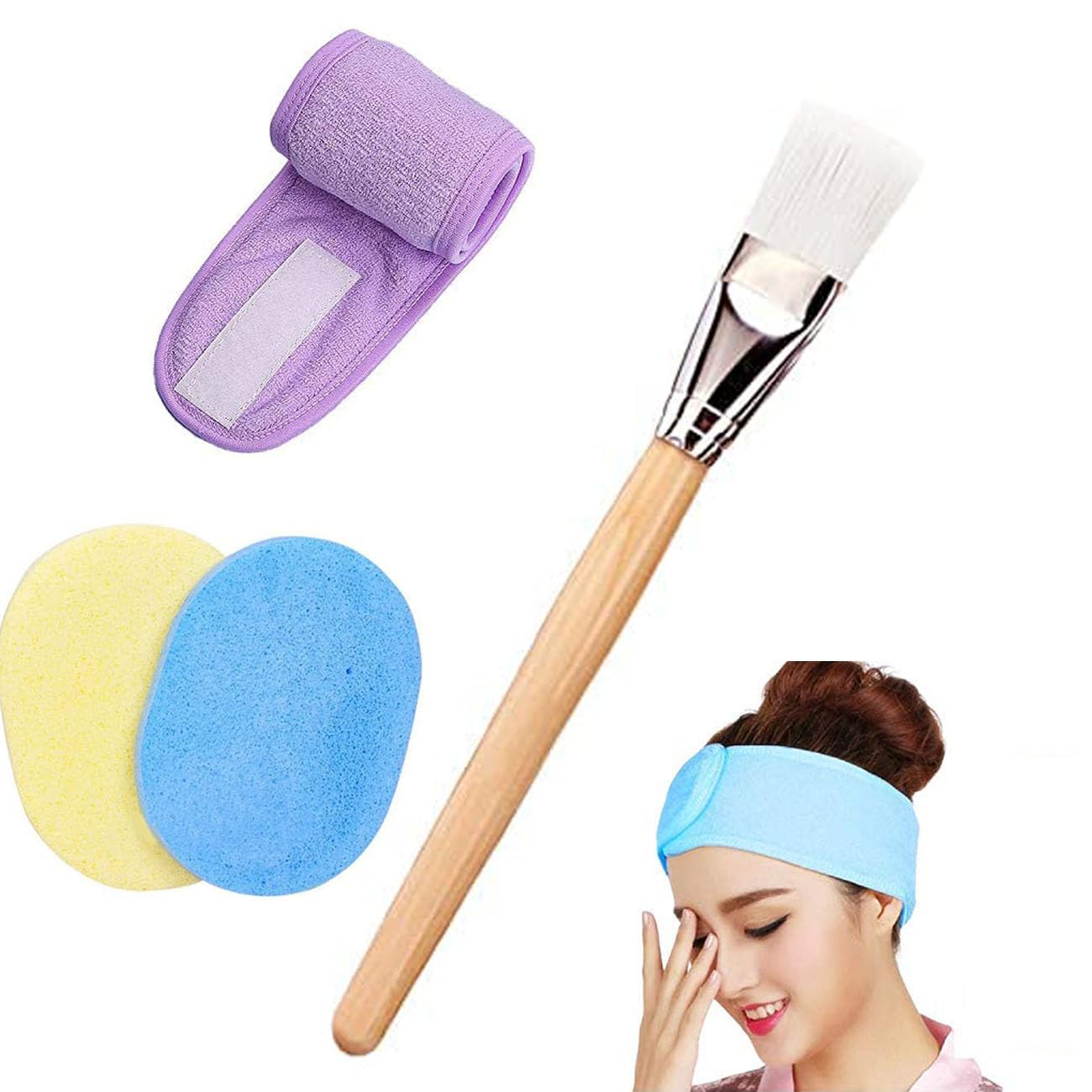 Nyamah Sales Women Reusble Facial Headband Face Cleaning Sponge Puff Face Mask Brush Silicone (1 Headband, 1 Brush, 2 Sponge) 4P