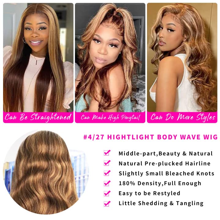 Aicrelery Highlight Ombre 13X6 Lace Front Wig Human Hair Pre Plucked 13X6 Hd Transparent 4/27 Honey Blonde Lace Frontal Wigs Wit
