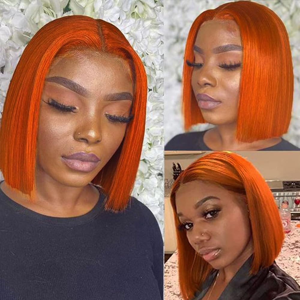 Guebb Glueless # 350 Ginger Orange 13X4 Hd Transparent Lace Front Bob Wig Human Hair Pre Plucked Lace Frontal Short Blunt Cut Bo