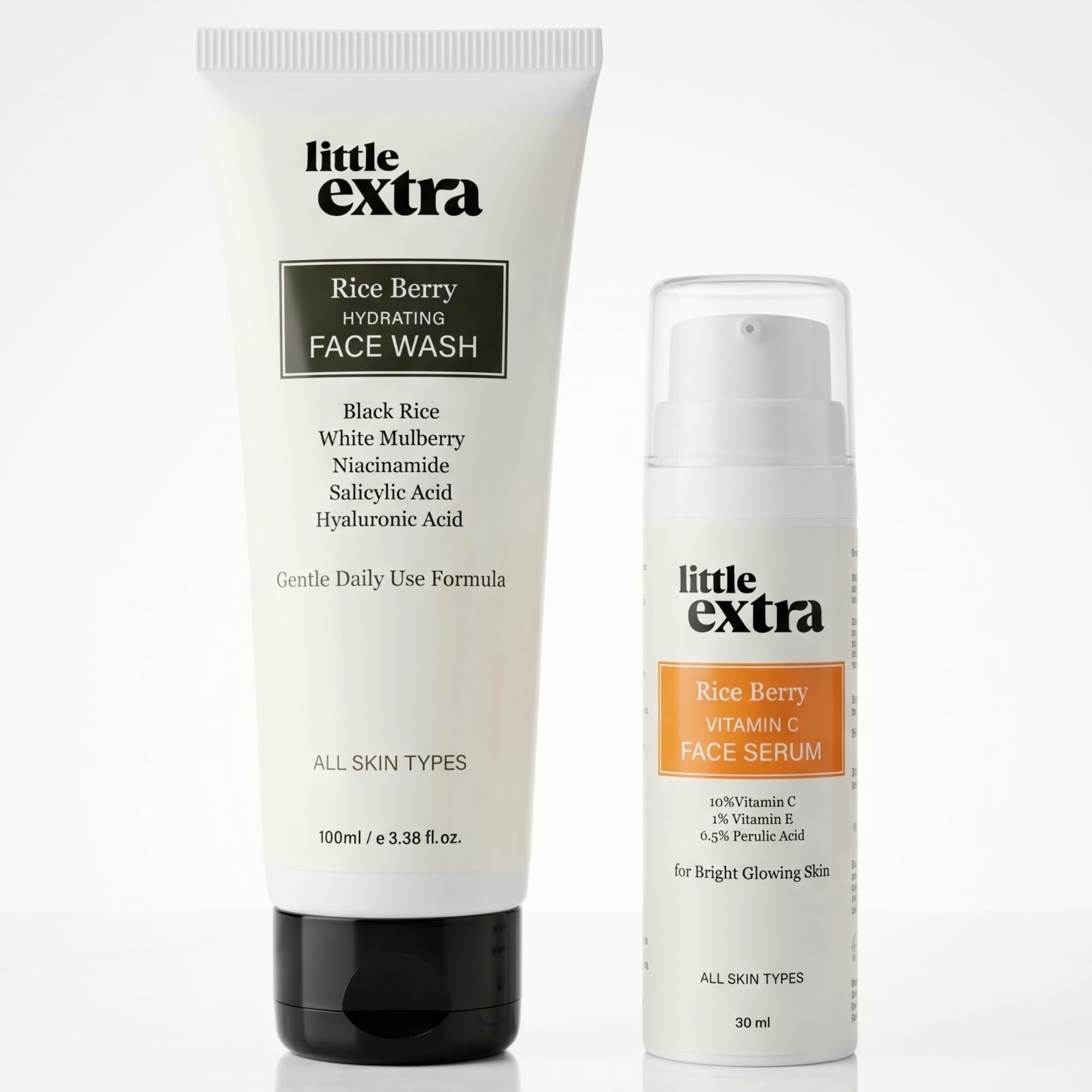 Little Extra Rice Berry Face Wash And Vitamin C Face Serum Combo For Acne & Dark Spots | Salicylic Acid Cleanser + 10% Vitamin C