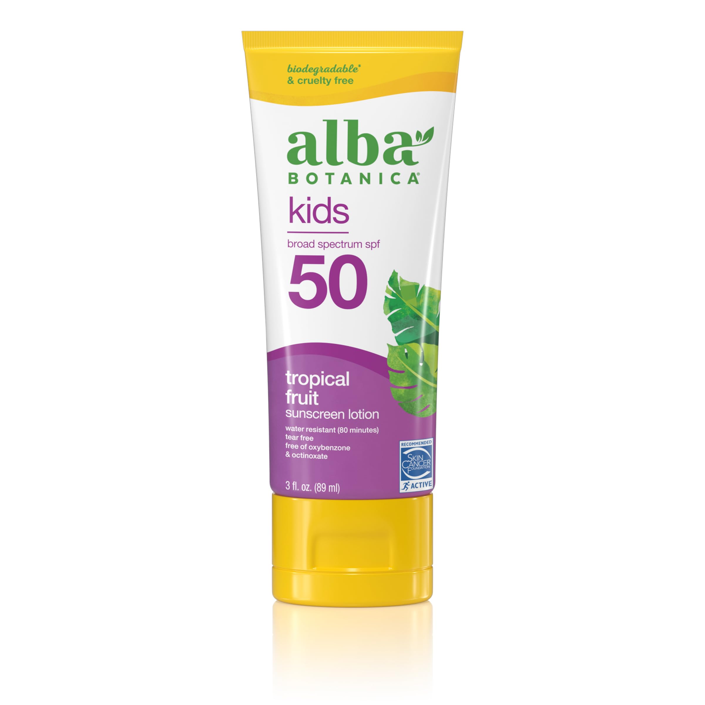 Alba Botanica Kids Sunscreen For Face And Body, Tropical Fruit Sunscreen Lotion For Kids, Broad Spectrum Spf 50, Water Resistant