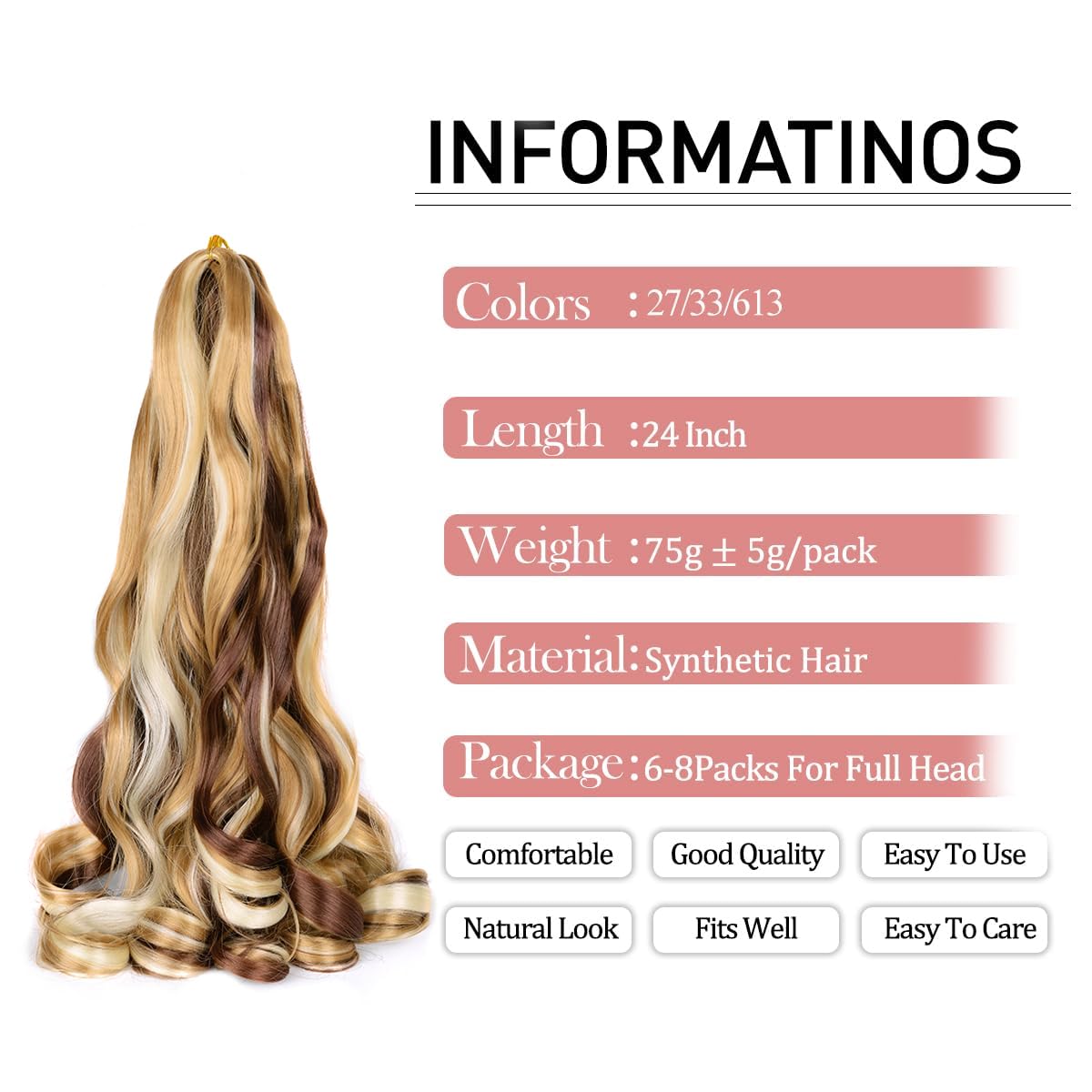 French Curly Braiding Hair 24 Inch Loose Wavy 8 Packs 75G/Pack Bouncy Braiding Hair Extensions #27/33/613 French Curls Braiding