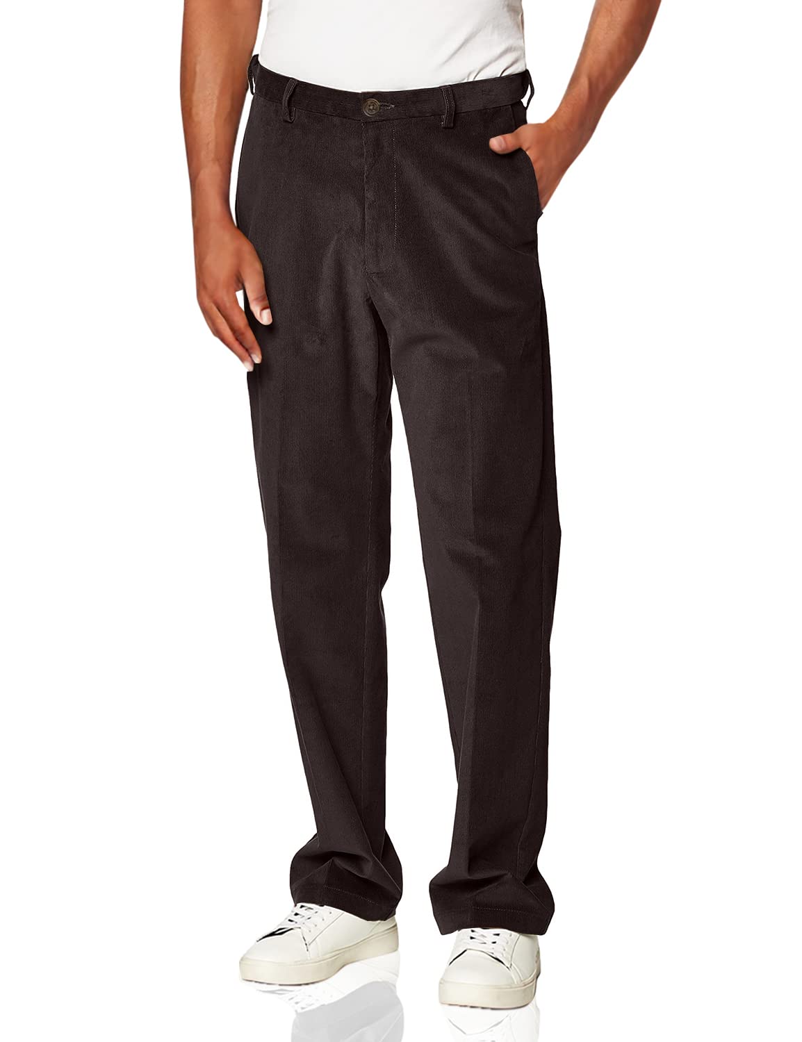 Haggar mens Stretch corduroy Expandable Waist classic Fit Flat Front Pants, Espresso, 38W x 31L US