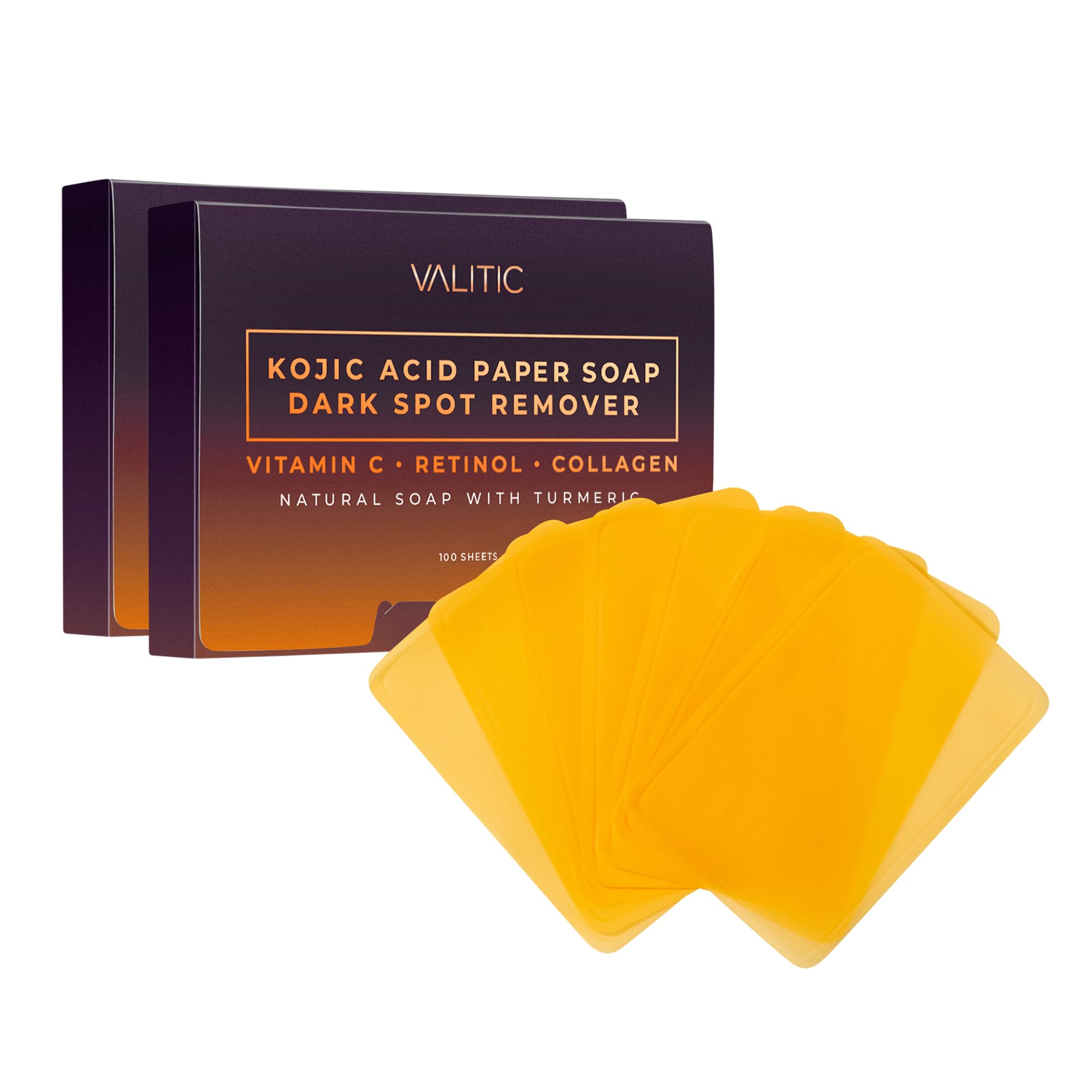 VALITIC Kojic Acid Dark Spot Corrector Paper Soap - Travel Size - 100 Portable and Dissolvable Soap Sheets -with Vitamin C, Reti