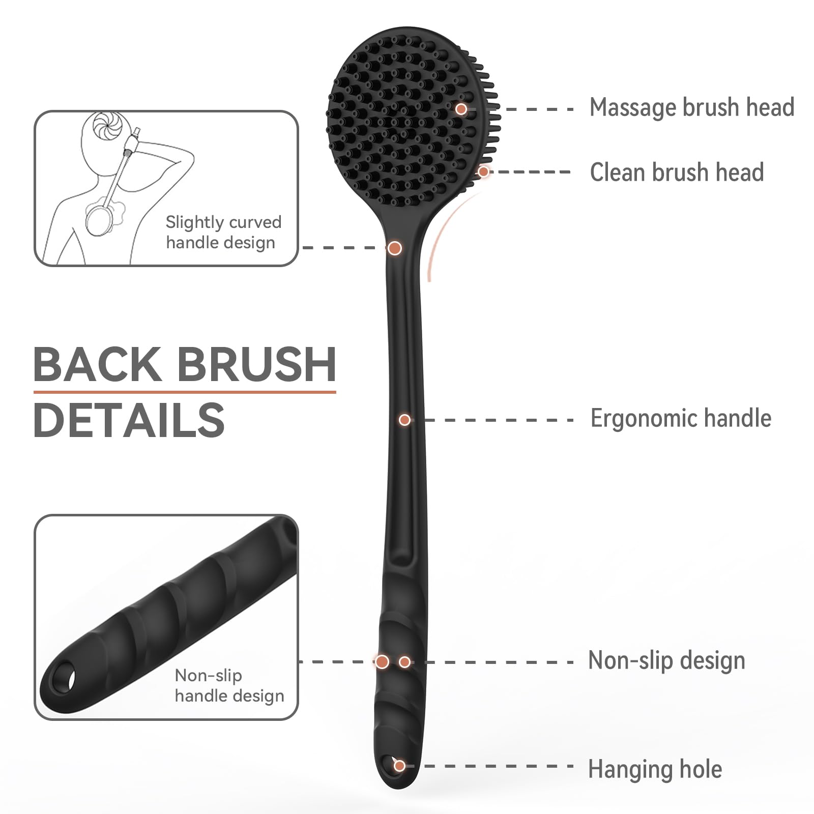 QiaKeoo 3 PCS Silicone Bath Brush Set - Back Scrubber, Body & Face Brushes, Super-Exfoliating, Black