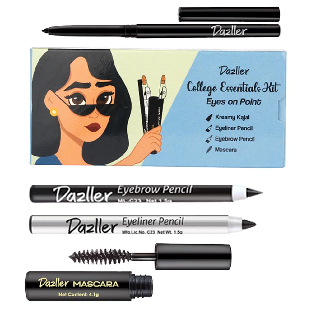 Dazller College Makeup Essentials 4 - Eyes On Point|Kajal|Mascara|Eyeliner|Eyebrow|Water-Resistant|Smudge-Proof|Starter Makeup K