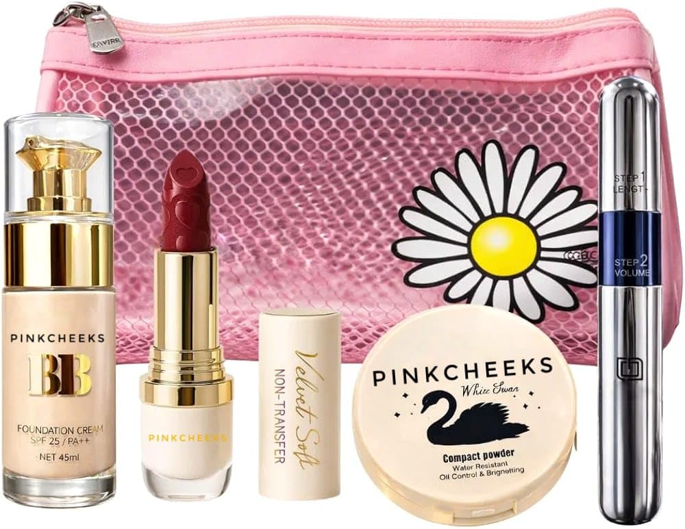 Complete Face & Lip Makeup Combo Kit | Foundation, Satin Velvet Lipstick, Compact Powder & Mascara For Smooth Base & Soft Matte 
