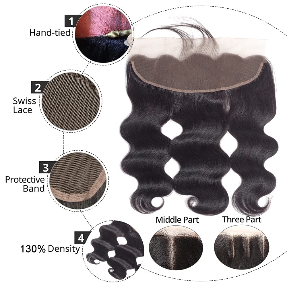 Body Wave Bundles with Lace Frontal (16 18 20 22+14,Natural Black) Human Hair 4 Bundles with 13x4 Free Part Ear to Ear Lace Clos