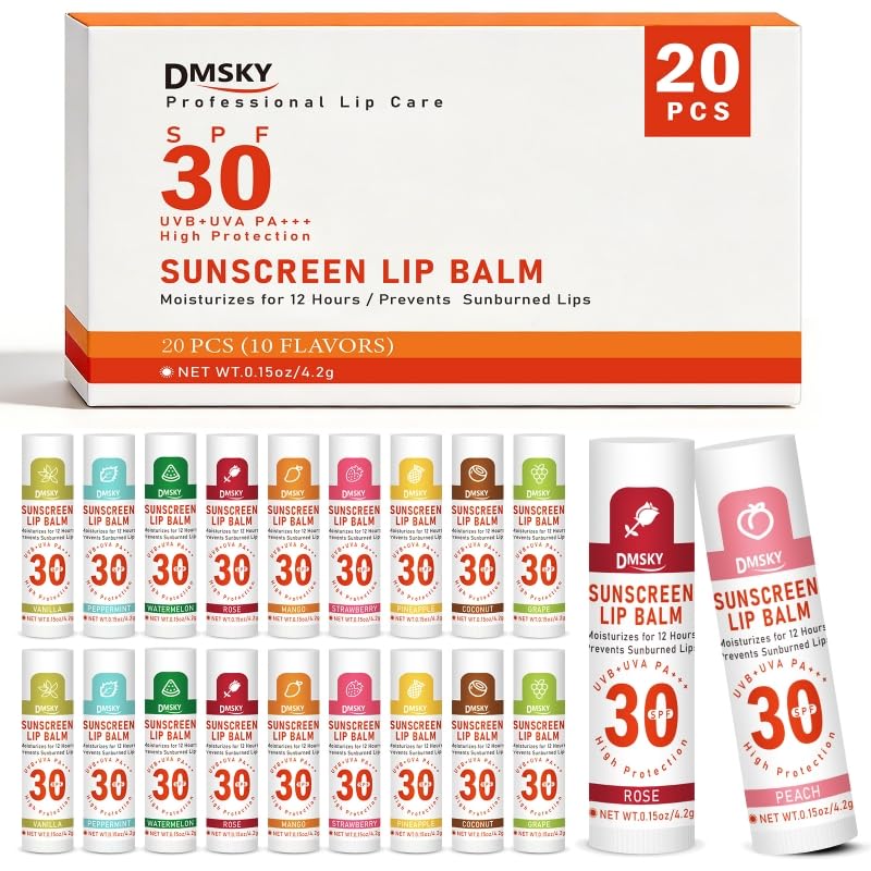 DMSKY SPF 30 Sunscreen Lip Balm 20 Pack, Clear No White Cast Sun Protection Lip Care with Vitamin E and Beeswax, Broad Spectrum 
