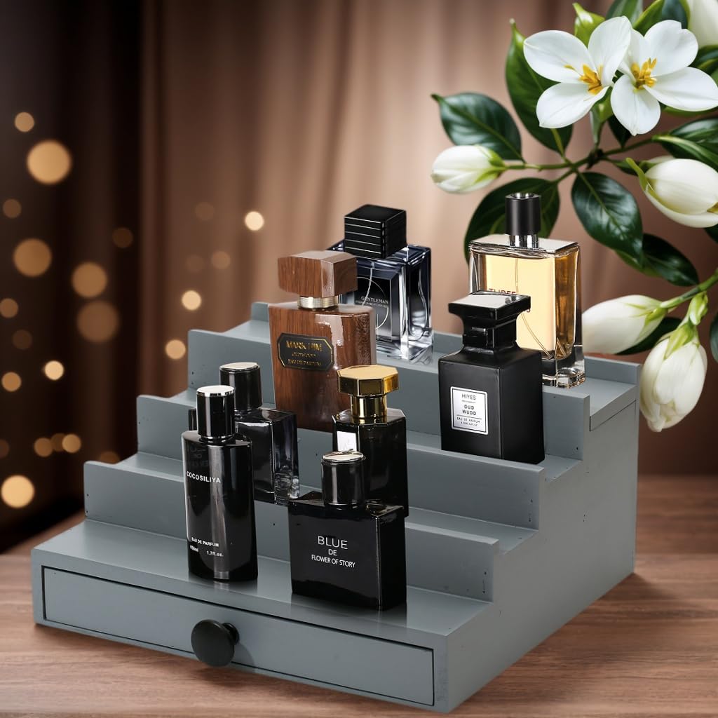 Fengligoo Cologne Organizer for Men - 4 Tier Wooden Grey Cologne Display Stand with Drawer and Hidden Compartment, Mens Cologne