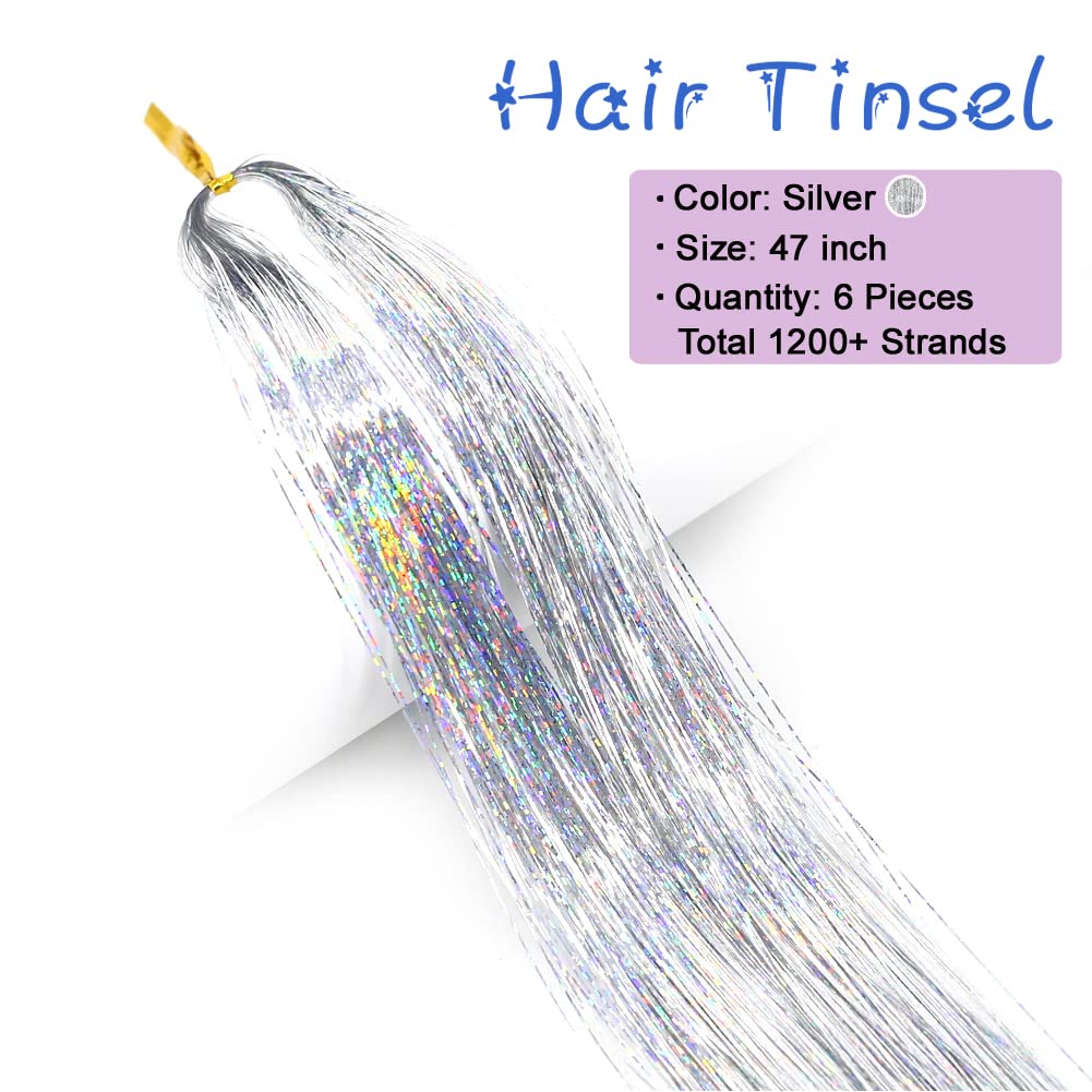 Hair Tinsel Kit With Tools 47Inch 1200 Strands glitter Tinsel Hair Extensions Sparkling Shiny Hair Tinsel Strands Kit Heat Resis