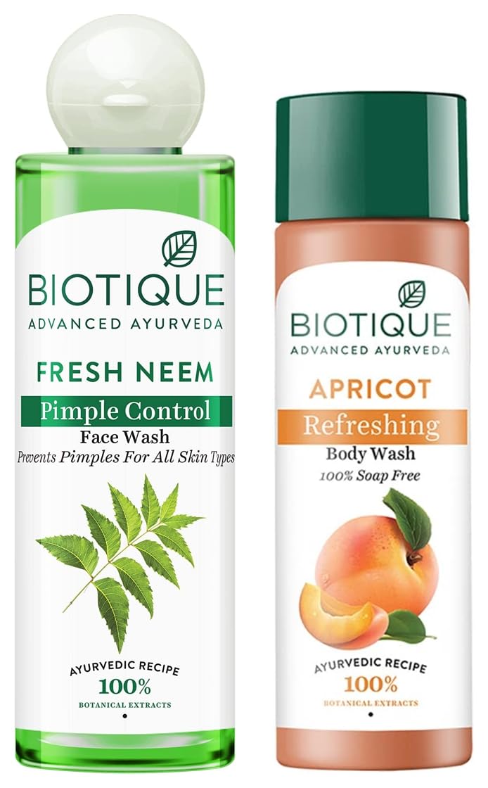 Biotique Bio Apricot Refreshing Body Wash, 190Ml & Bio Neem Purifying Face Wash, 200 Ml