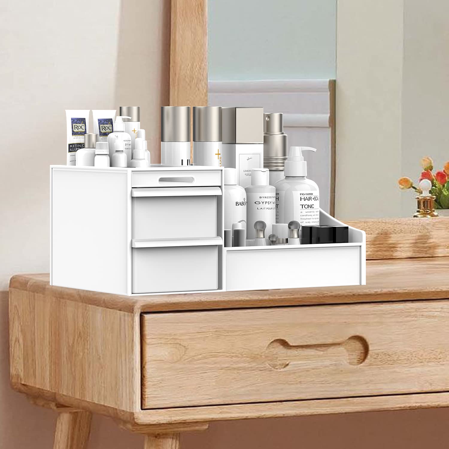 Makeup Desk Cosmetic Storage Box Organizer With Drawers For Dressing Table, Countertop, Bathroom Counter, Elegant Vanity Holder