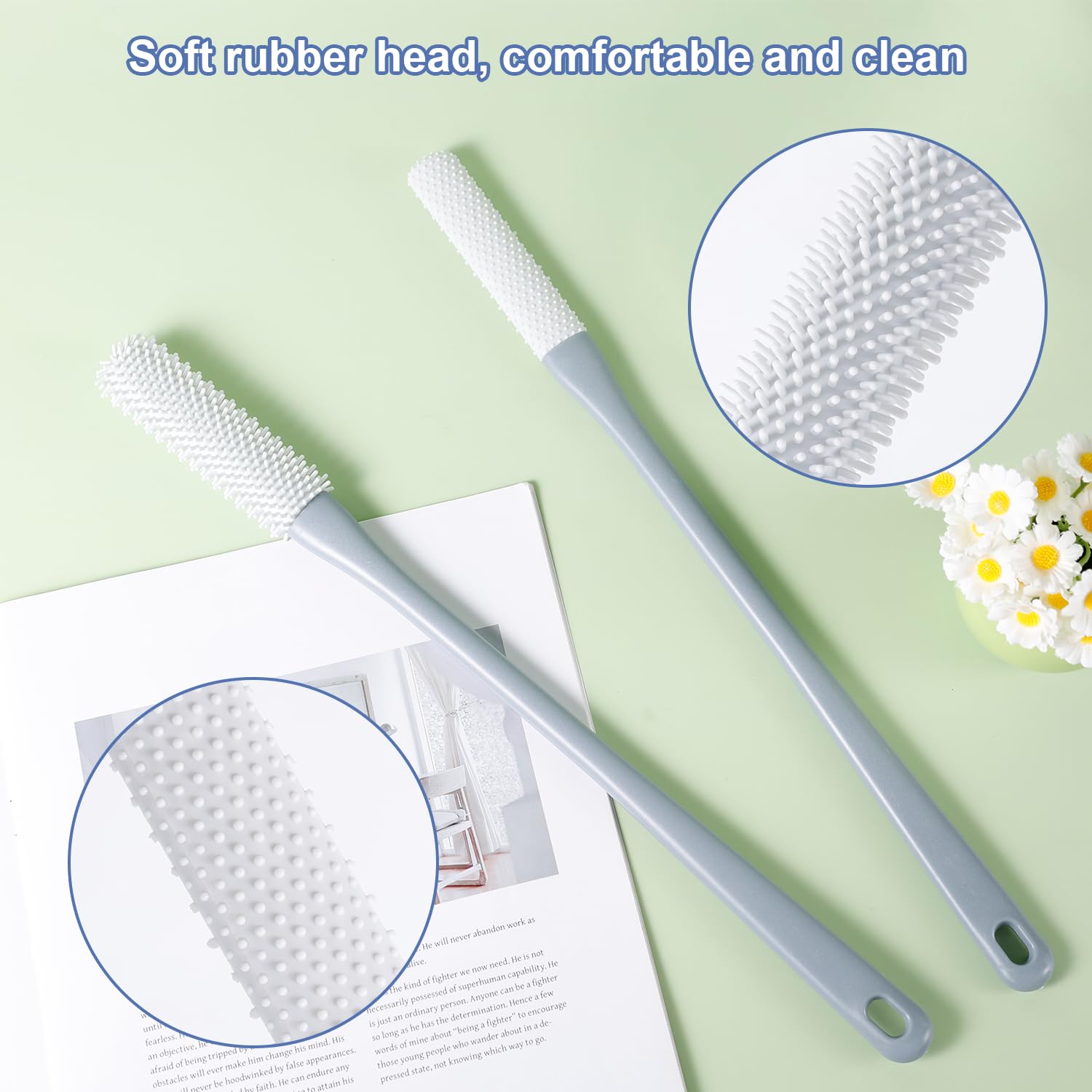 NQEUEPN 2pcs Toe Seam Massage Brush Set, Long Handle Foot Scrubber, Soft Rubber, Grey, Model 21005, Ideal for Seniors, Men & Women