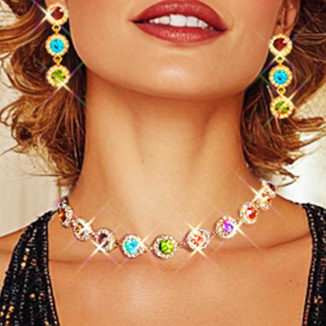 ACEDRE Colorful Crystal Jewelry Sets Gold Sparkly Rhinestone Necklace and Earrings Set Prom Costume Accessory for Women(2PCS)