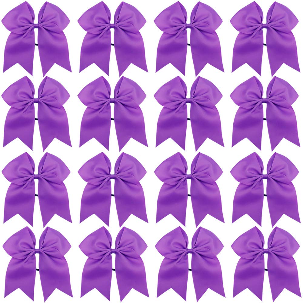 16Pcs 8 Large Cheer Hair Bows Ponytail Holder Elastic Band Handmade For Cheerleading Teen Girls College Sports (16 Pcs) (Purple)