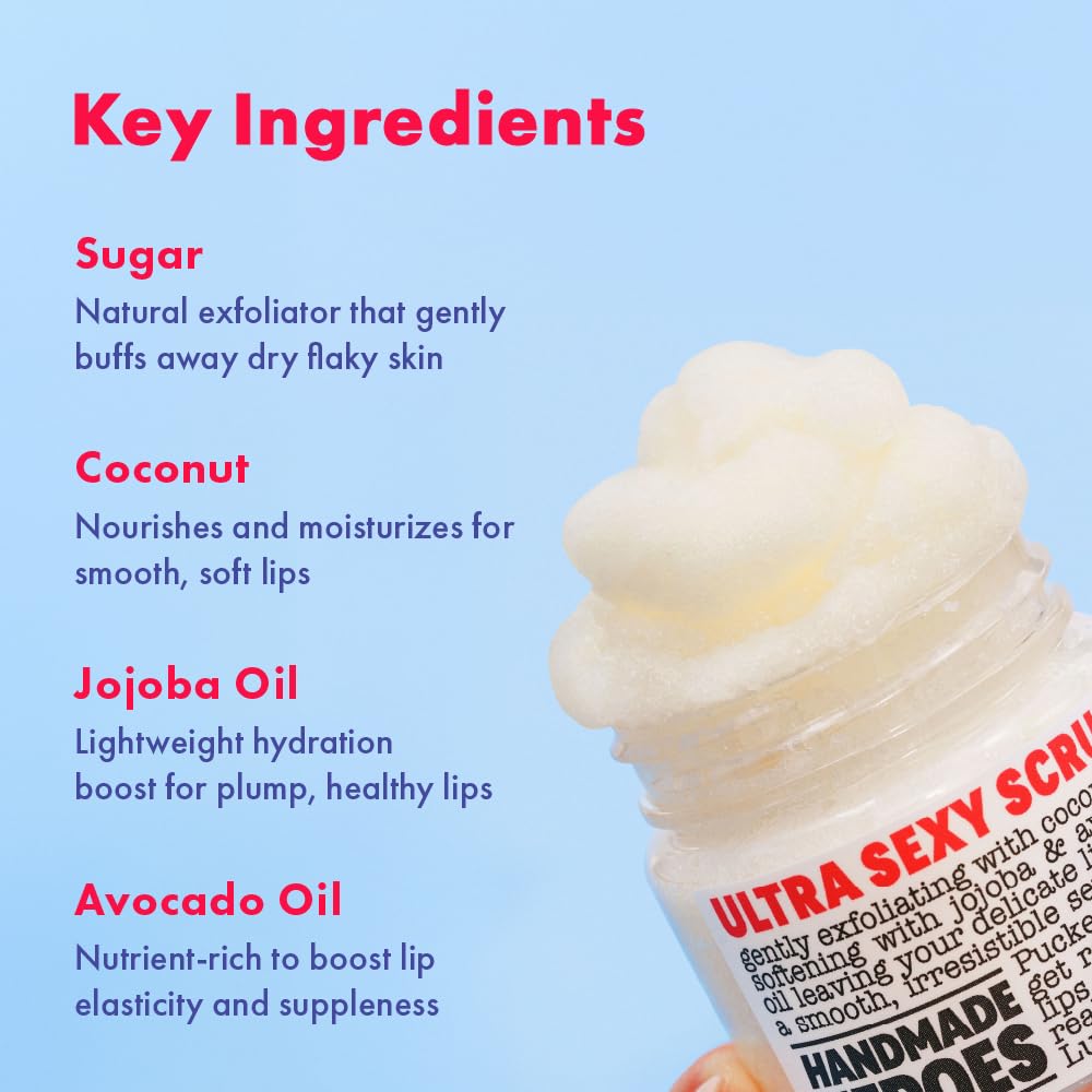 Handmade Heroes 100% Natural Lip Scrub, Vegan Conditioning Coconut Exfoliator - Gentle Exfoliant, Sugar Polish and Scrubber for