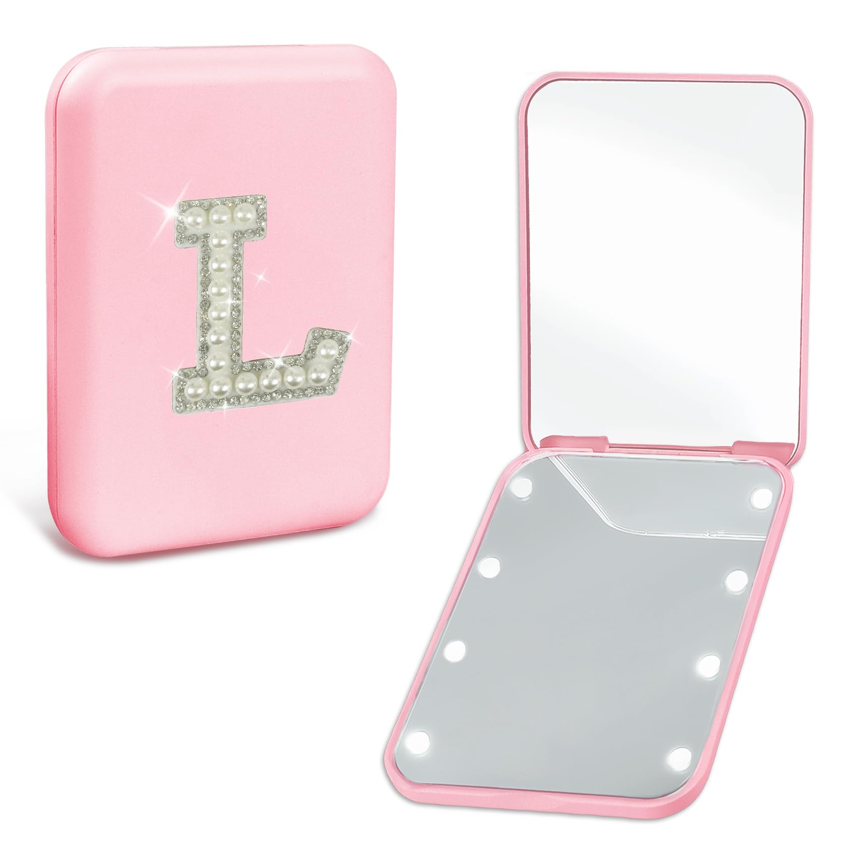 Aganmi Personalized Birthday Graduation Gifts For Teen Girls Her Pearl Initial Pink Travel Compact Mirror With Lights Portable 1