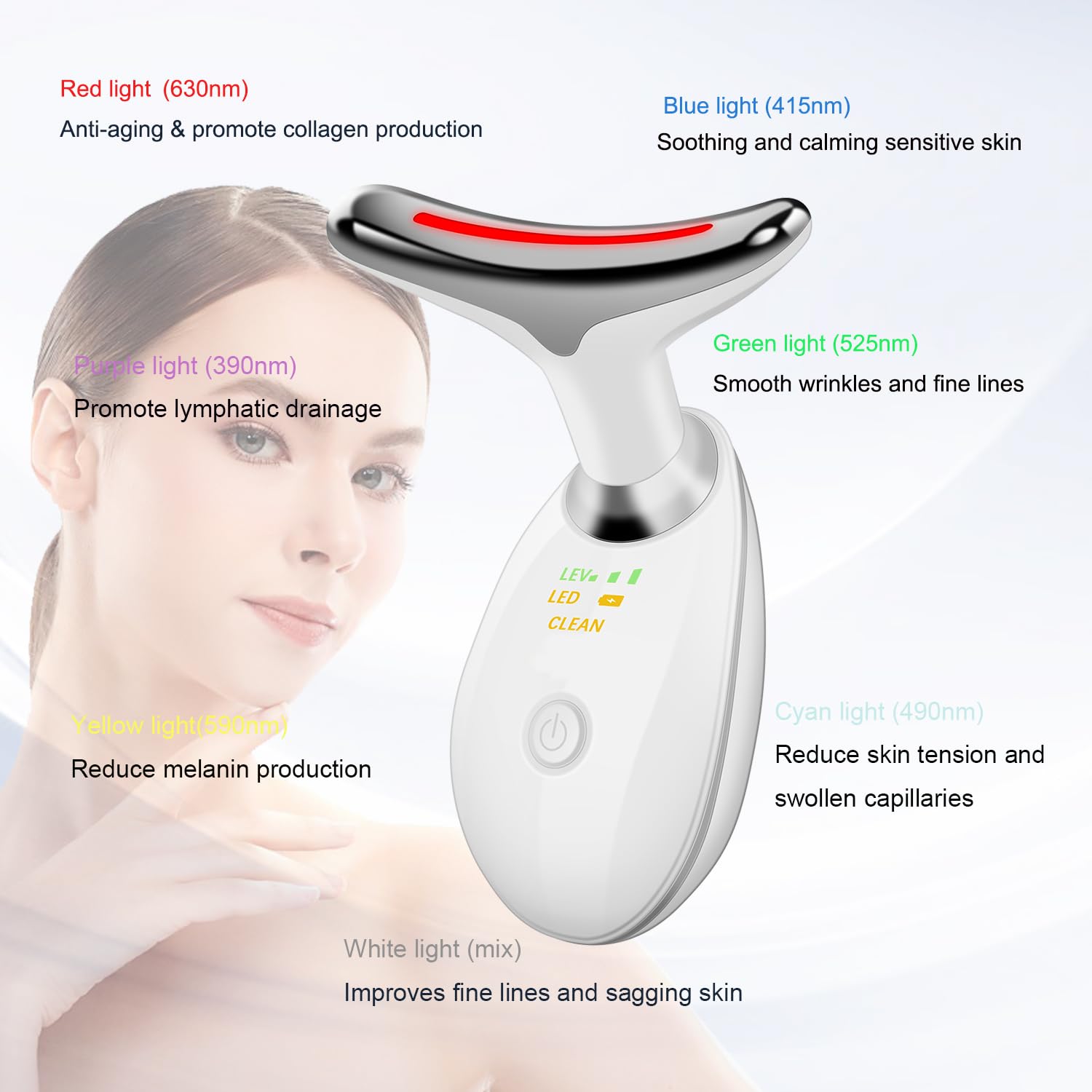 Cibqun Face and Neck Massager, Portable Beauty Device with 7 Color LED Lights, White, Model CC0606