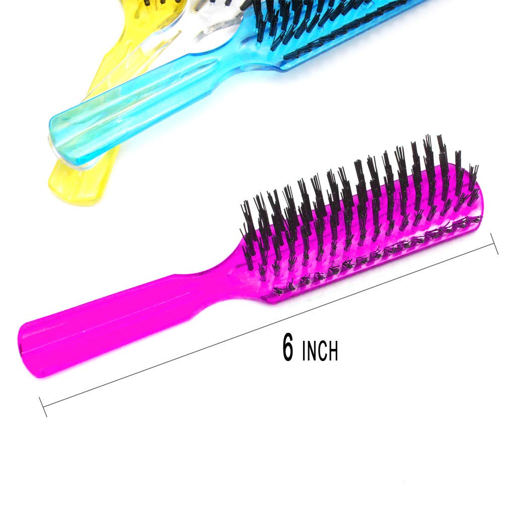 Luxxii (6 Pack) 6 Plastic Color Handle Nylon Bristle Brush Hair Pocket Comb Designed for All Hair Types (Assort Color). Color ma