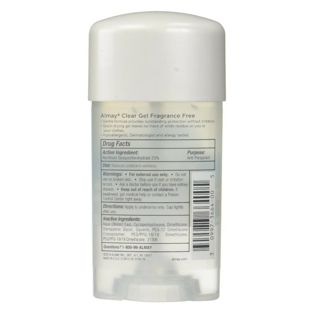 Almay Sensitive Skin Clear Gel, Anti-Perspirant And Deodorant, Fragrance Free, 2.25 Oz (Pack Of 2)