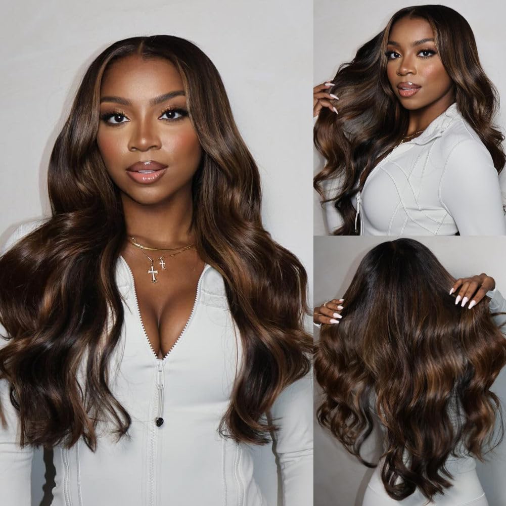 Beauty Forever Bye Bye Knots Wig 7x5 Glueless Lace Black to Chestnut Brown Ombre Loose Wave Wig with Bleached Knots Put on and G