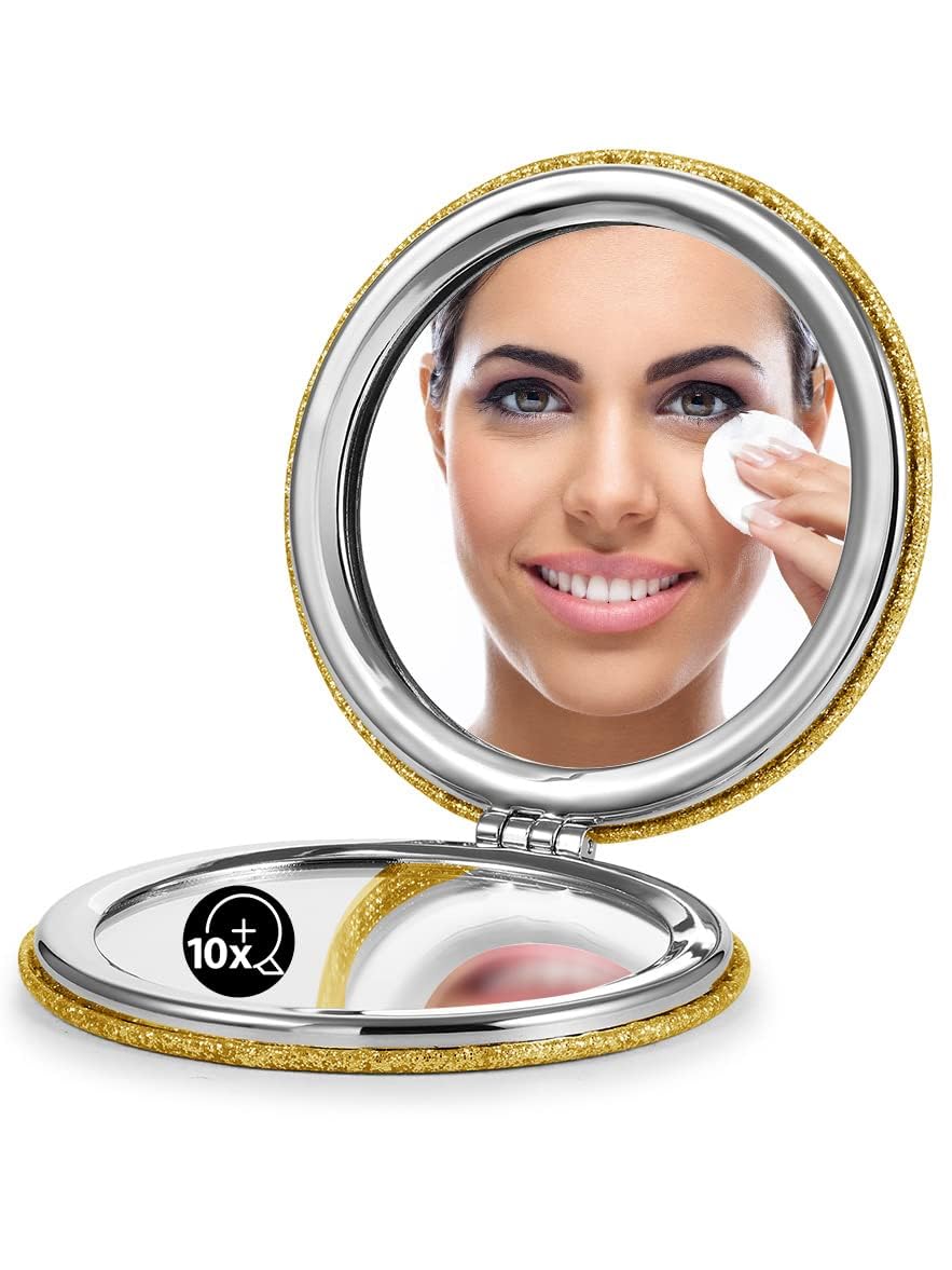 Omiro 1X/10X(300R) Magnifying Compact Mirror With Pu Leather, Ultra-Portable For Purses And Travel, Round Gold