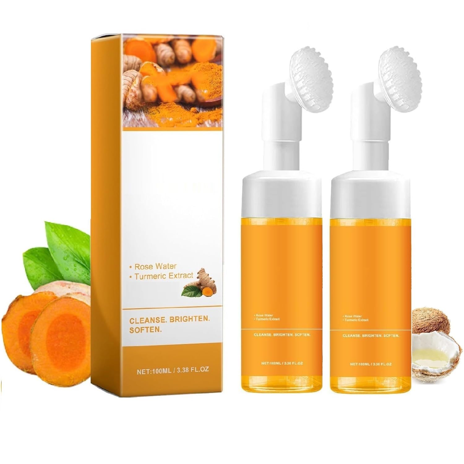 OUKPANE 2 Pcs Turmeric Foaming Face Wash, turmeric Cleansing Mousse, Deep Cleansing Glow Wash Turmeric Facial Cleanser With Brus