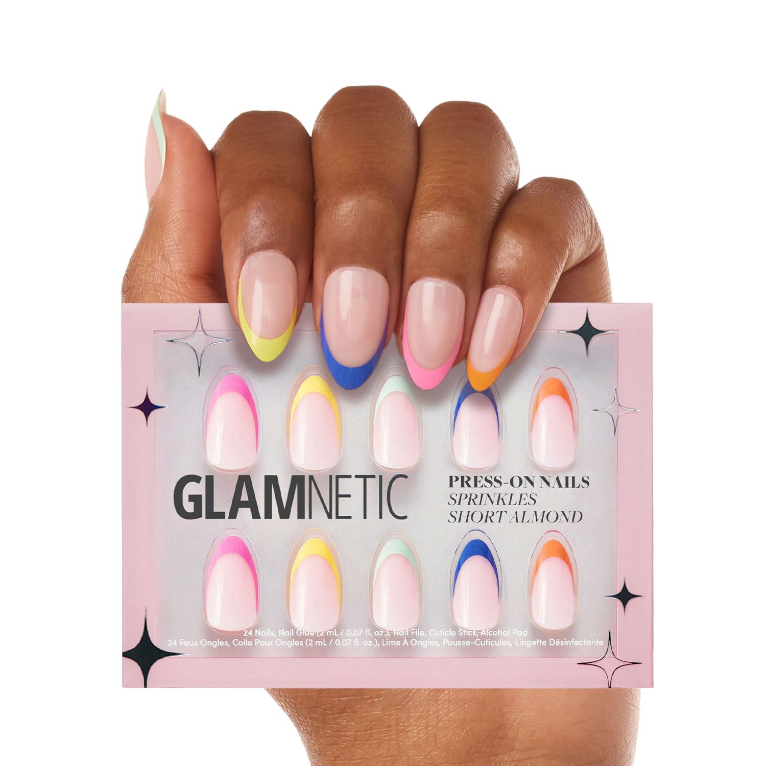 Glamnetic Press On Nails - Sprinkles | Rainbow French Tip Nails, UV Finish Short Pointed Almond Shape, Reusable Semi-Transparent