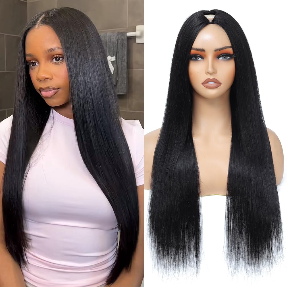 Aolvoblees V Part Wig Human Hair Straight No Leave Out Upgrade U Part Wig for Women 180% Density Clip in Half Wig Beginner Frien