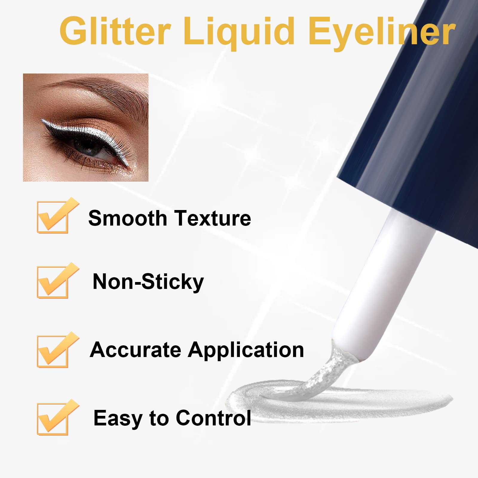 Rosarden Liquid Glitter Eyeliner, Metallic Shimmer White Diamond Eye Liner Stick, Waterproof Long Lasting Quick Drying High Pigm