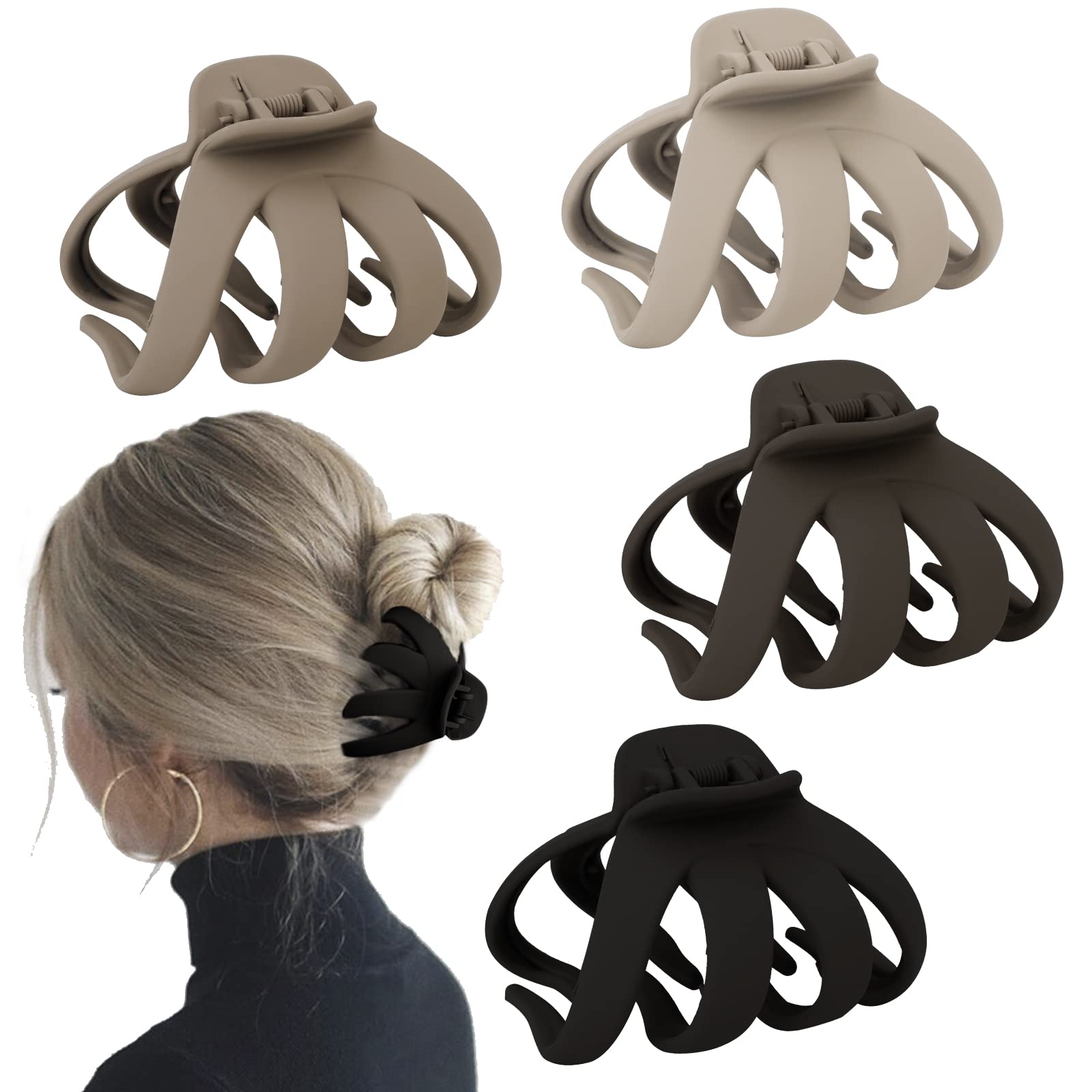 4 Pcs Octopus Hair Clips for Thick Hair - Large Claw Clips for Women, Matte Neutral Color, Strong Grip Non-Slip Jaw Clips