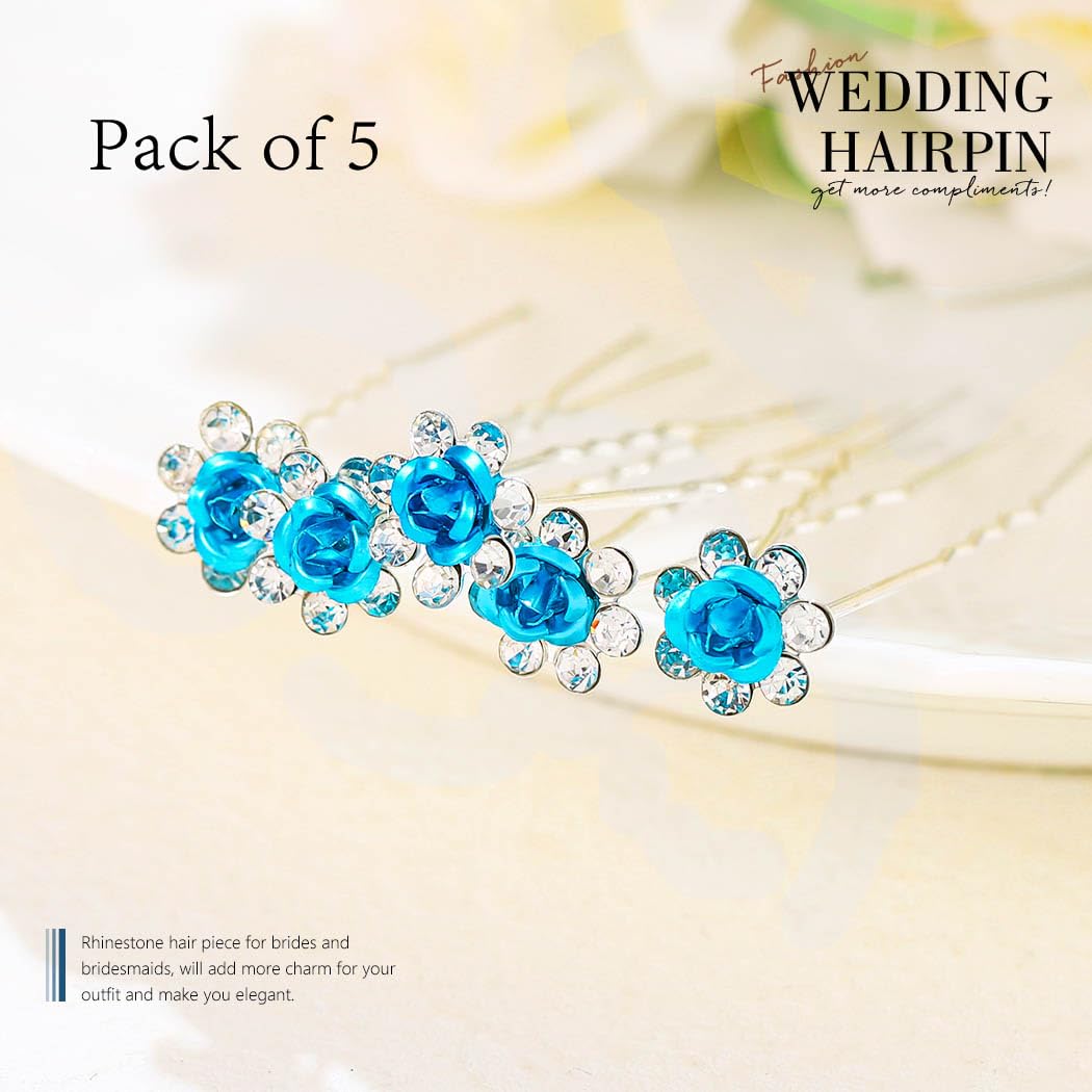 Bartosi Flower Bride Wedding Hair Clips Blue Flower Hair Pins Bridal Hair Pieces Hair Accessories for Women and Girls (Pack of 5
