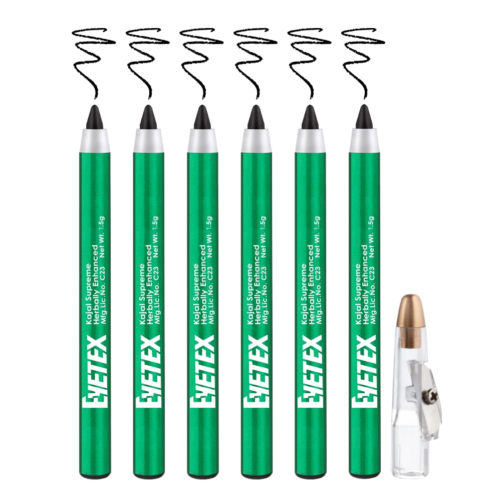 Eyetex Kajal Supreme Herbally Enhanced, 1.5G, Pack Of 6, Whole Sale Pack, Deep Black Matte Finish, SmudgeProof, WaterResistant