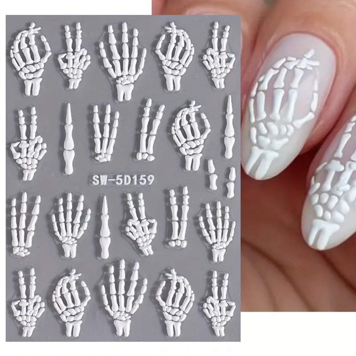 Halloween Nail Art Stickers Decals 5D Embossed Skeleton Nail Decals 2Pcs Fantasy Bone Skeleton Design Halloween Nail Stickers Na