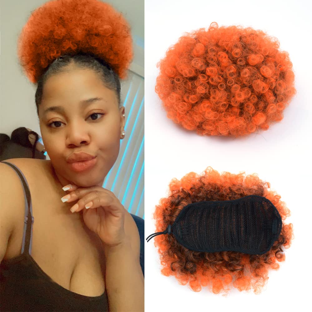 Yinmei Baibian Ombre Orange Afro Puff Drawstring Ponytails for Black Women Kinky Curly High Puffs Synthetic Bun Hair Pieces Updo